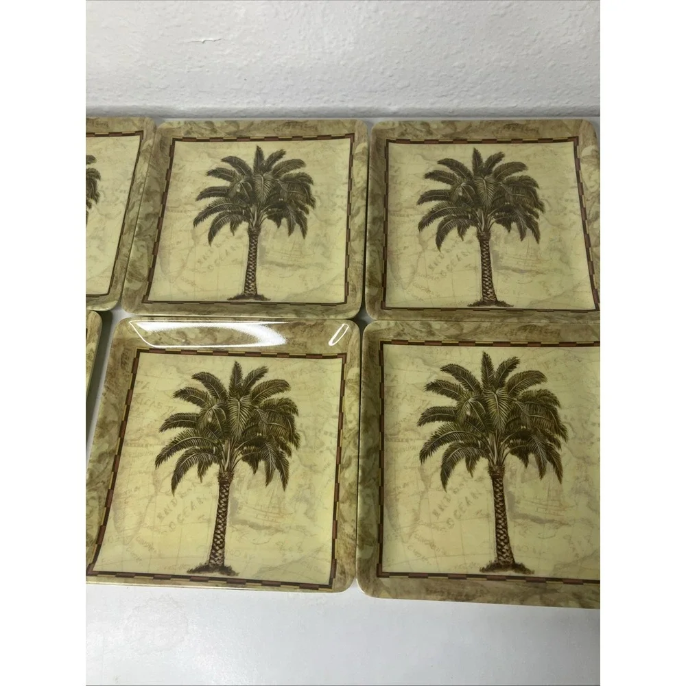 VTG Tropical Palm Tree Square Plates Set Of 8 Chad Barrett Art Melamine 6 Inch